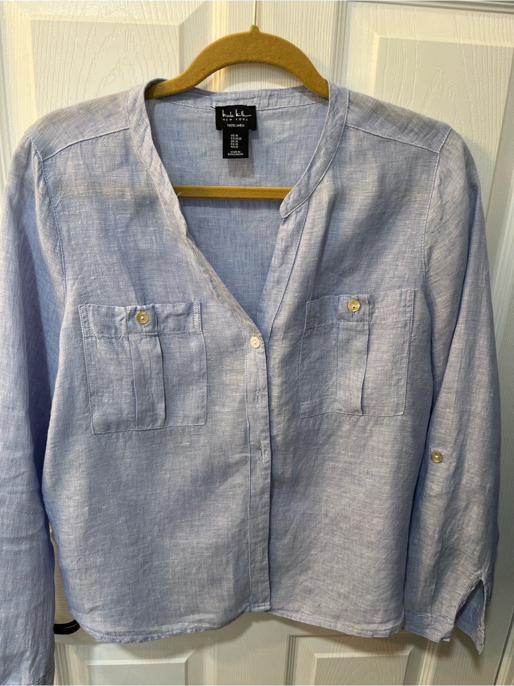 Nicole Miller Pale Blue 100% Linen V-Slit Neck Shirt Size S